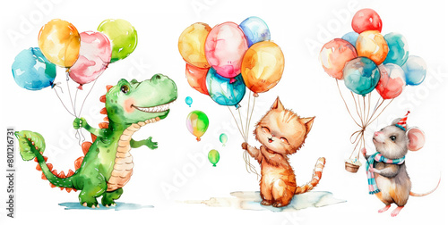 Set cute characters dinosaur, kitten, mouse with balloons for a Happy birthday greeting card.