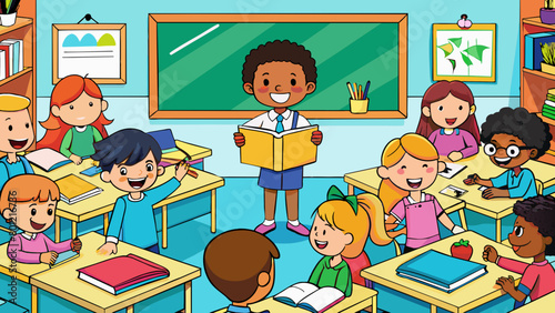 Cheerful Children Enjoying Storytime in Colorful Classroom