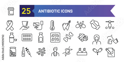 Antibiotic icons set. Outline set of antibiotic vector icons for ui design. Outline icon collection. Editable stroke.