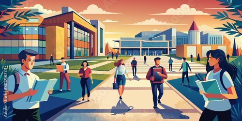 Diverse Students Walking on Campus Grounds at Sunset