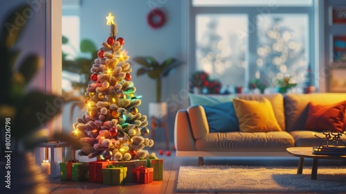 A beautifully decorated Christmas tree stands in a cozy living room