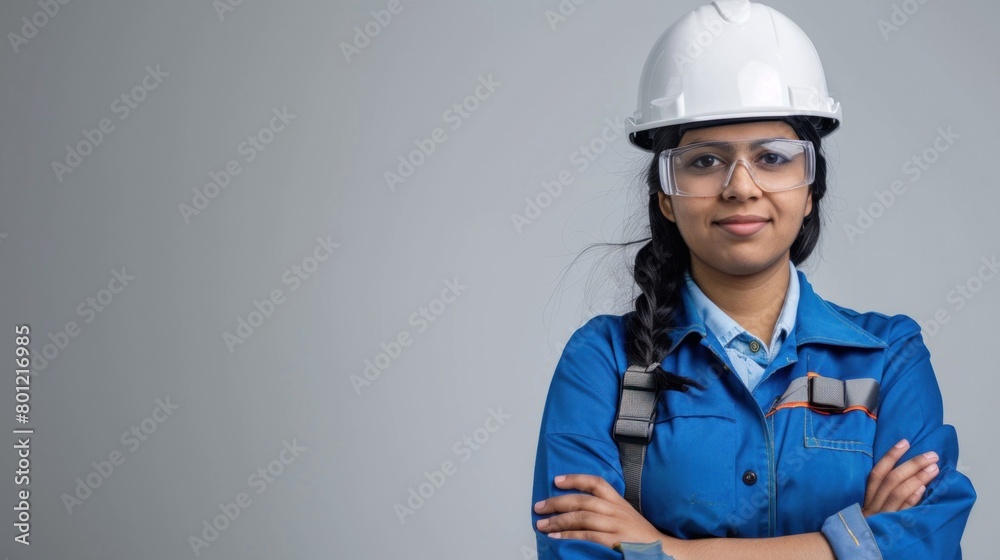 Confident indian girl in white safety helmet and blue work uniform with reflective stripes, banner, copy space Confident indian girl in white safety helmet and blue work uniform with reflective stripes, banner, copy space