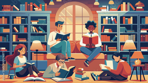 Diverse Group of People Engaged in Reading at Cozy Library