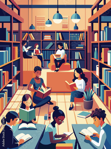 Diverse Students Engaged in Study Session at Modern Library