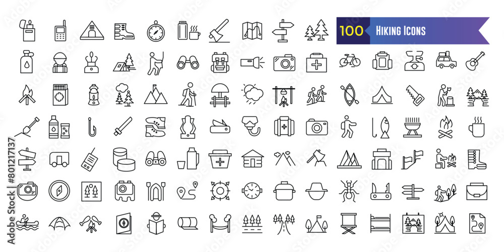 Hiking icons set. Outline set of hiking vector icons for ui design. Outline icon collection. Editable stroke. Hiking icons set. Outline set of hiking vector icons for ui design. Outline icon collection. Editable stroke.