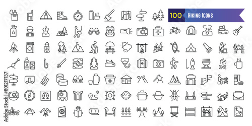 Hiking icons set. Outline set of hiking vector icons for ui design. Outline icon collection. Editable stroke.