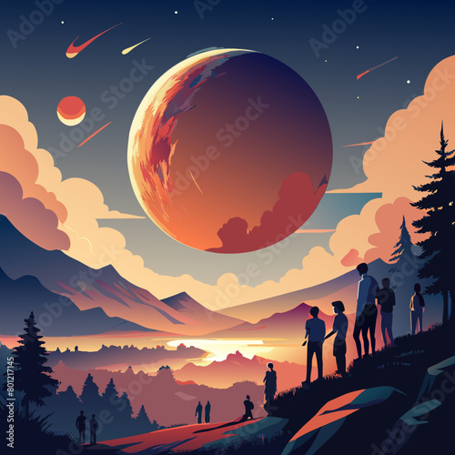 Majestic Sunset View with Spectacular Giant Planet and Observers