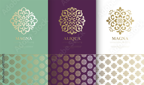 Set of golden mandala logos. Can be used for jewelry, beauty and fashion industry. Great for emblem, monogram, invitation, flyer, menu, brochure, background, or any desired idea.
