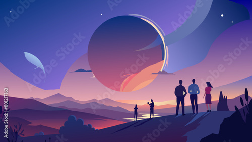 Enchanting Twilight Sky with Family Enjoying Scenic Exoplanet View
