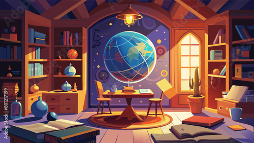 Enchanted Study Room with Floating Globe and Magical Elements