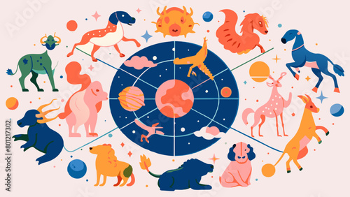 Colorful Zodiac Signs and Celestial Elements Vector Illustration