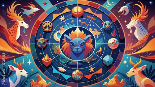 Vibrant Zodiac Wheel with Astrological Animal Symbols