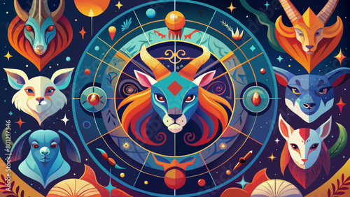Vibrant Zodiac Signs Illustration with Cosmic Background