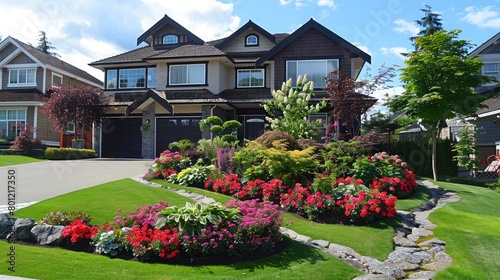 Front yard landscaping with manicured lawns and vibrant flower beds, enhancing curb appeal and welcoming guests.