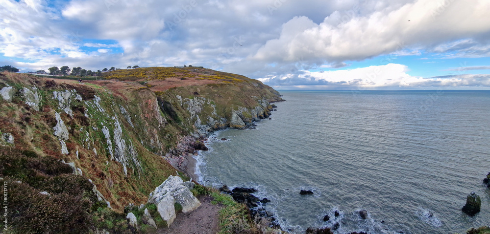 Naklejka premium From Howth's lofty trails, Dublin Bay stretches out like a vast azure tapestry, stitching together land and sea in a breathtaking display of nature's grandeur.