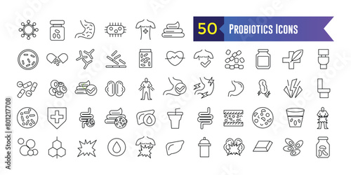Probiotics Icons set. Outline set of Probiotics Icons vector icons for web design. Outline icon collection. Editable stroke.