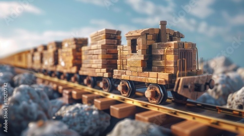 A train made from wooden blocks, each carriage loaded with different types of content (blogs, infographics, video tutorials), showing the delivery mechanism of AI, clear sky background for text