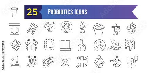 Probiotics Icons set. Outline set of Probiotics Icons vector icons for web design. Outline icon collection. Editable stroke.