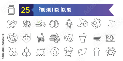 Probiotics Icons set. Outline set of Probiotics Icons vector icons for web design. Outline icon collection. Editable stroke.