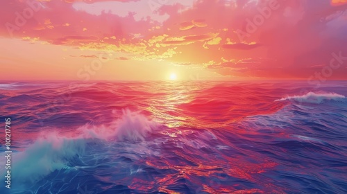 The setting sun casts a pink and purple glow over the ocean waves, creating a beautiful and peaceful scene.