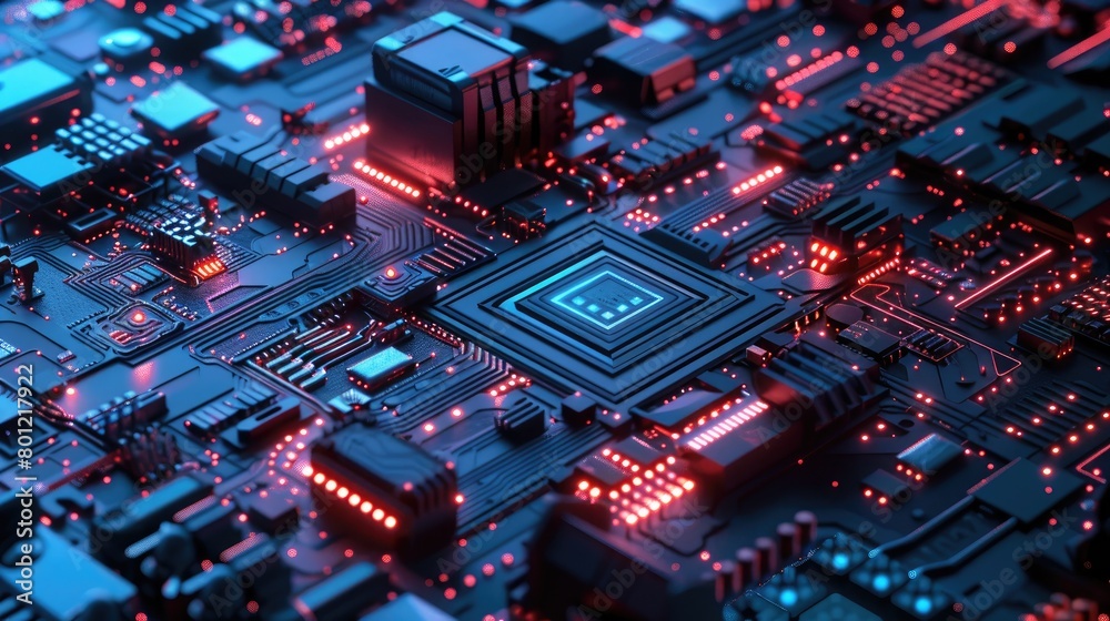 The image shows a close-up of a computer chip with blue and red lights.