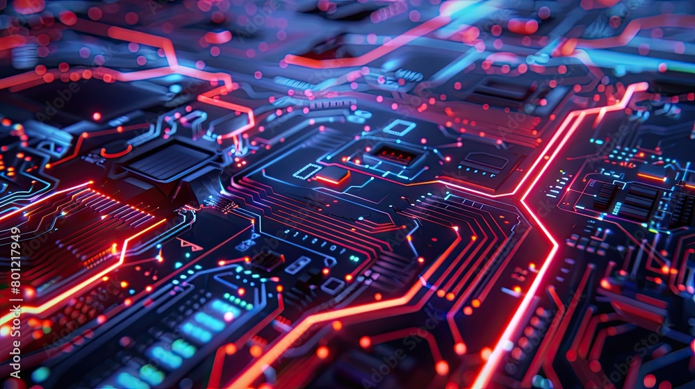 The image shows a close-up of a computer circuit board. The board is red and blue, and the circuitry is glowing.