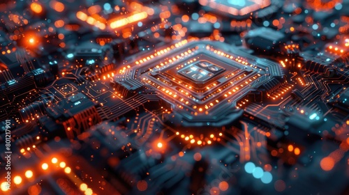 The image is of a computer chip with orange and blue lights. The chip is made of silicon and is used to process information.