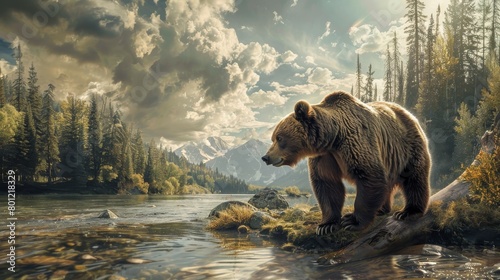 A grizzly bear walking in a river with a mountain in the background