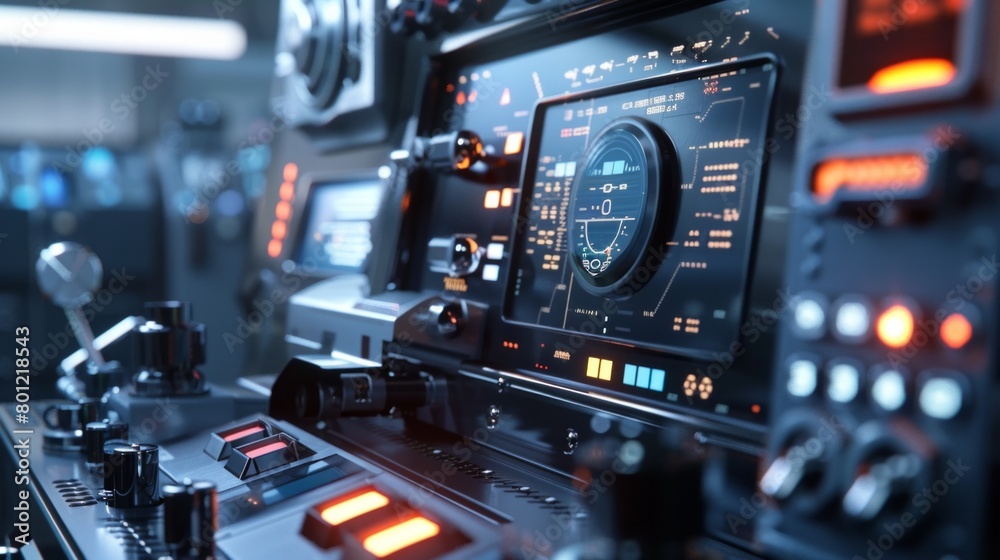 Futuristic spaceship abstract technological control panel with toggle switches and buttons or panel of unknown device or space ship