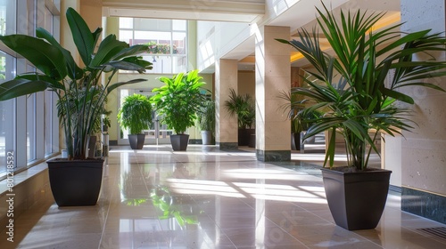 Commercial building lobby adorned with decorative planters and foliage, enhancing the aesthetics and ambiance.