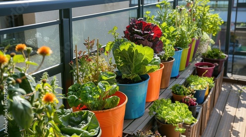 Colorful container garden with rows of pots containing different types of vegetables on a sunny balcony. © buraratn