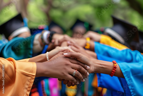 Multi-ethnic graduates holding hands in solidarity, representing diversity in education and aspirations. Bonds of graduation.