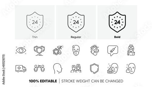 Health eye, Social distancing and Coronavirus pills line icons. Pack of Head, Sick man, 24 hours icon. Doctor, Face cream, Healthy face pictogram. Coronavirus spray, Shield, Shields. Vector
