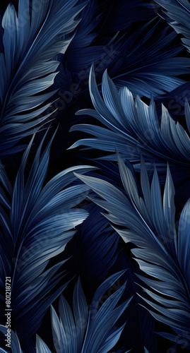 Dark background with tropical leaves. Flay lay template with hawaiian plants. Blue pattern with exotic jungle plants. Banner with monstera, sabal palm leaves, indigo blue phoenix palm leaves ornament.