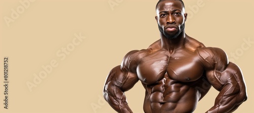 Muscular bodybuilder flaunting defined abs on soft background with ample space for text placement