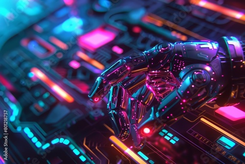 An artistic rendering of a robot's hand touching a glowing control panel