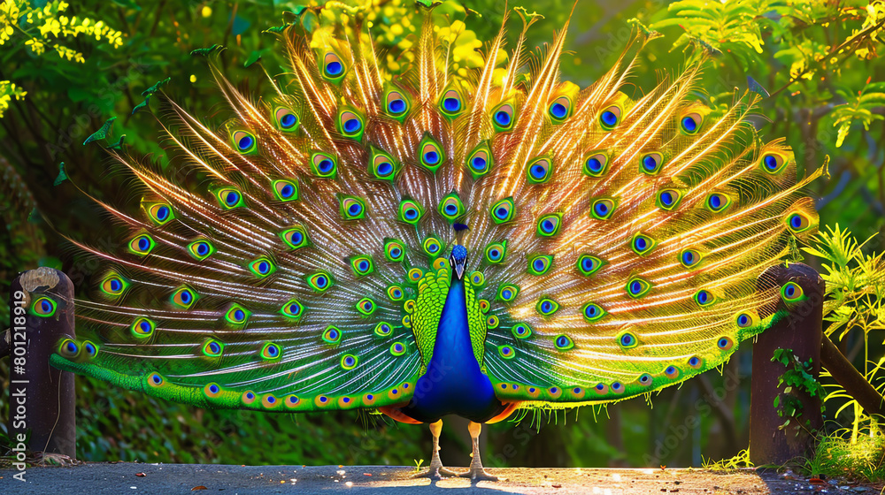 Obraz premium A majestic peacock flaunting its stunning iridescent plumage.