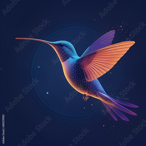 A hummingbird with a purple tail flying in the sky 
