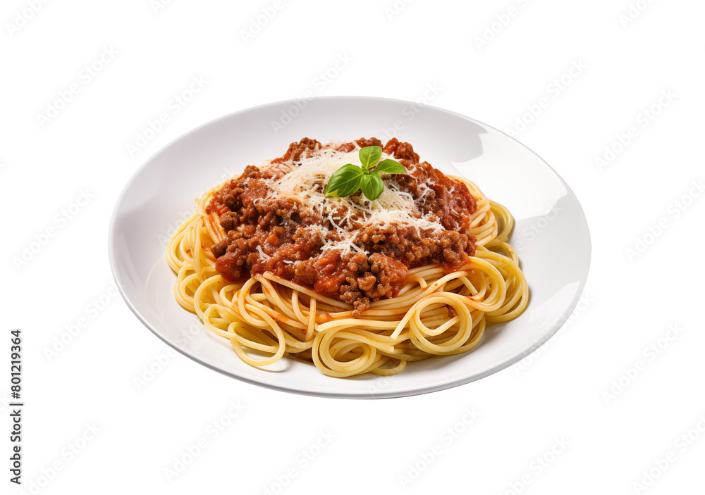 Delicious spaghetti Bolognese is appetizing, served on a white plate on a white background. Generative AI Delicious spaghetti Bolognese is appetizing, served on a white plate on a white background. Generative AI