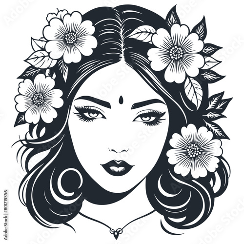 Brunette woman with a flower on her head, vector illustration