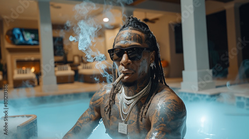 Young rapper smoking marijuana in the pool