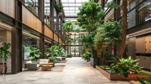 Atrium filled with tall indoor trees and plants, creating a refreshing and inviting atmosphere for building occupants.