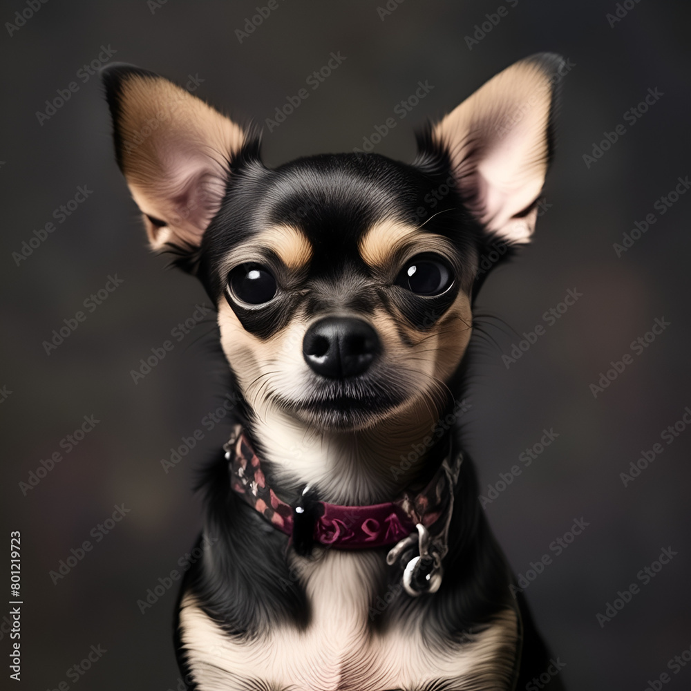 Tricolor chihuahua dog in a white collar on a warm  Chihuahua on a background  black

