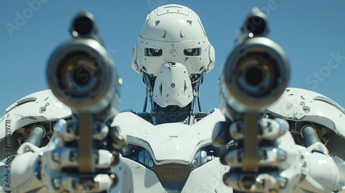 Cyborg robot aiming with blaster gun