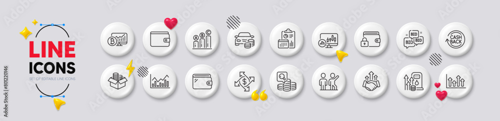 Infochart, Graph chart and Candlestick chart line icons. White buttons 3d icons. Pack of Teamwork, Money wallet, Lock icon. Bid offer, Payment exchange, Cashback pictogram. Vector Infochart, Graph chart and Candlestick chart line icons. White buttons 3d icons. Pack of Teamwork, Money wallet, Lock icon. Bid offer, Payment exchange, Cashback pictogram. Vector