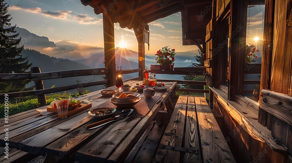 Naklejka premium Breakfast table in rustic wooden terace patio of a hut hutte in tirol alm at sunrise