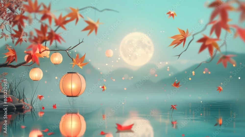 A beautiful landscape of a lake with a full moon in the background A beautiful landscape of a lake with a full moon in the background