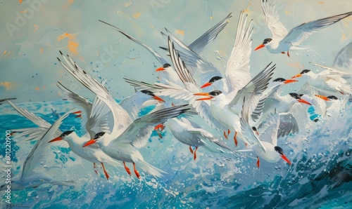 Watercolor painting of a seagull. Seagulls are a family of seabirds that are medium to large in size.
 The general characteristics are gray or white fur, a long thick bill, and webbed feet. photo