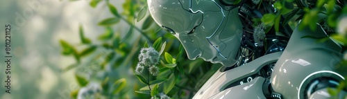 An AI robot covered in vines and flowers. The robot is made of metal and glass, and its face is expressionless. The background is a lush green forest. photo