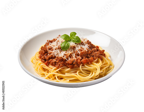 Delicious spaghetti Bolognese is appetizing, served on a white plate on a white background. Generative AI